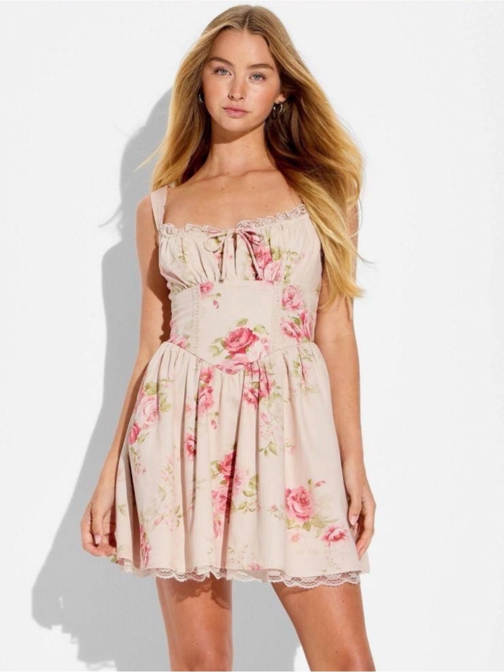 wild fable Cream Floral Tie-Front Sundress with Pink Roses